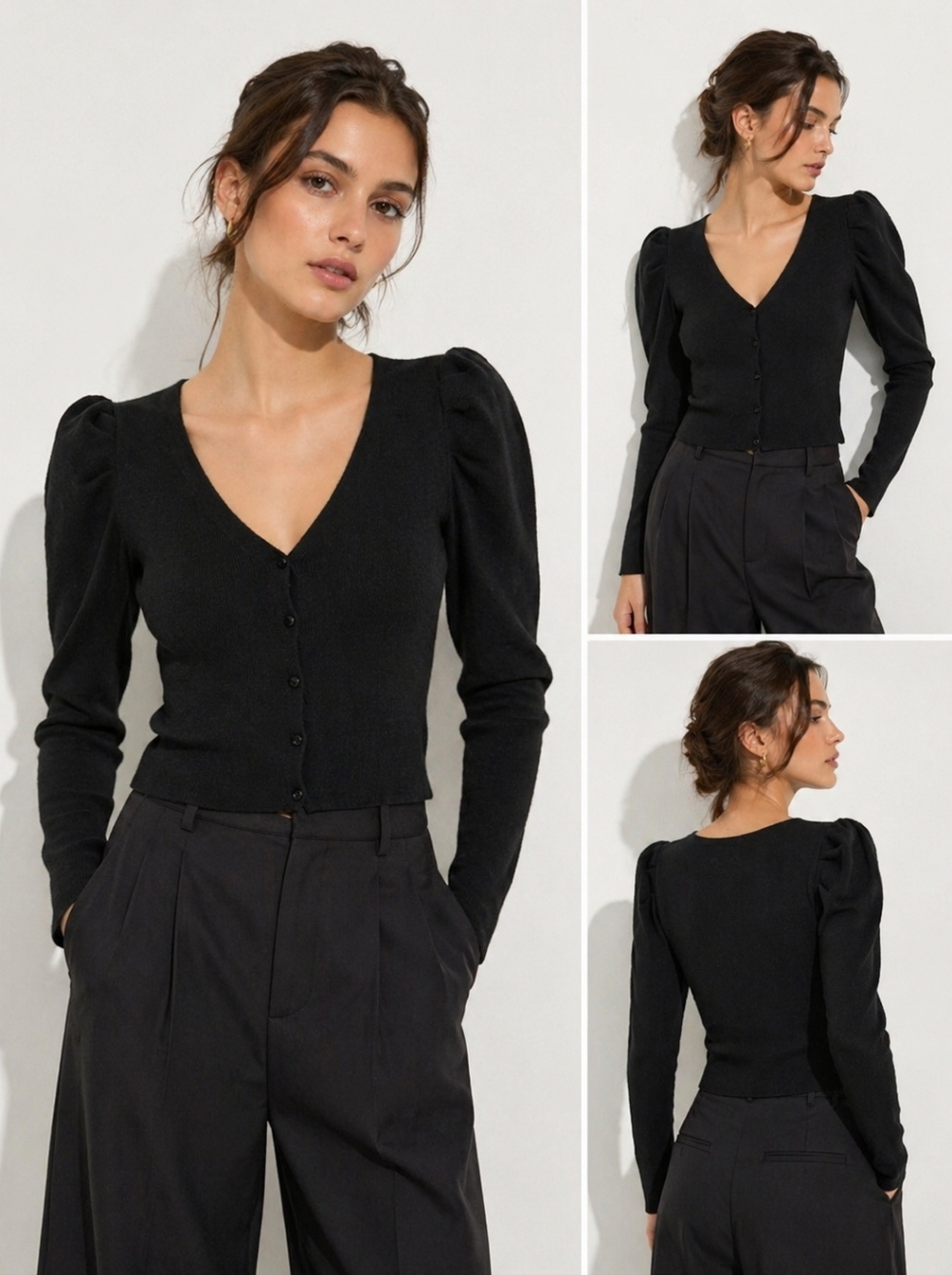 ASOS XS black puff sleeve cardigan top – fitted button front